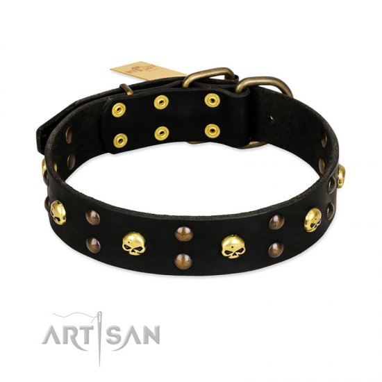 FDT Artisan 'Heavy Metal' Leather Dog Collar with Skulls and Studs 1 1/2 inch (40 mm)