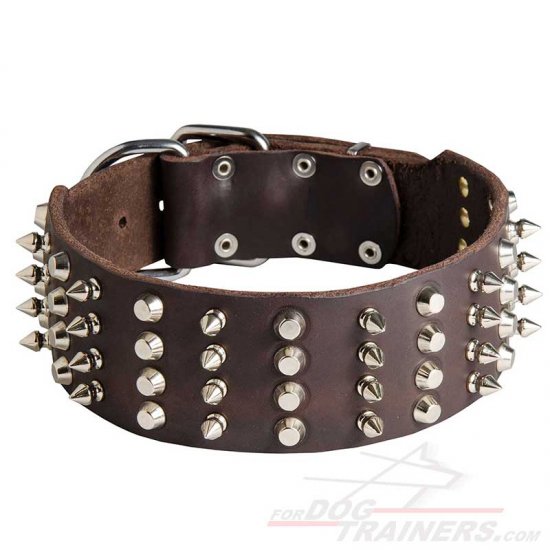 Extra Wide Leather Spiked and Studded Dog Collar - 2 inch