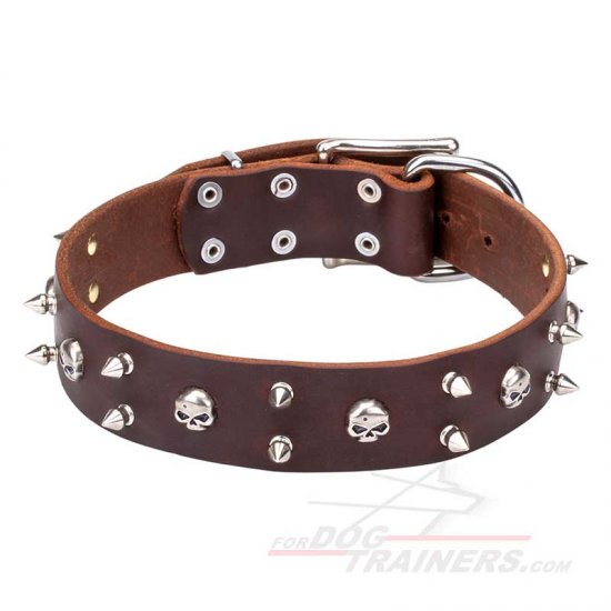 "Blackbeard" Leather Dog Collar with Skulls and Spikes