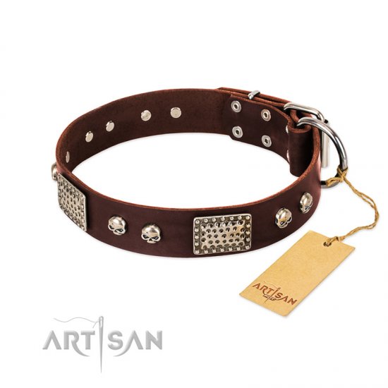 'Pirate Skull' FDT Artisan Brown Leather Dog Collar with Old Silver Look Plates and Skulls - 1 1/2 inch (40 mm) wide