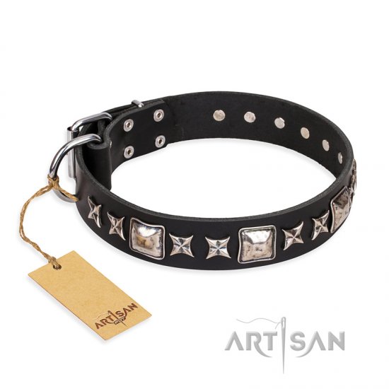 ‘Space Walk’ FDT Artisan Black Leather Dog Collar with Adornments