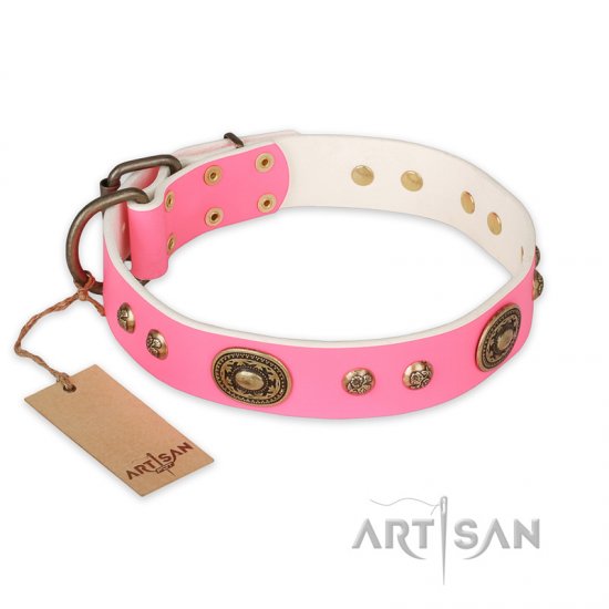 FDT Artisan 'Sensational Beauty' Pink Leather Dog Collar with Old Bronze Look Plates and Studs - 1 1/2 inch (40 mm) wide