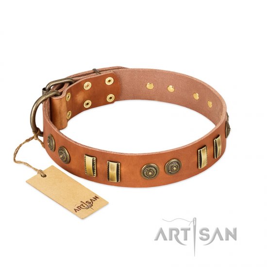 'Natural Beauty' FDT Artisan Tan Leather Dog Collar with Old Bronze-like Circles and Plates - 1 1/2 inch (40 mm) wide