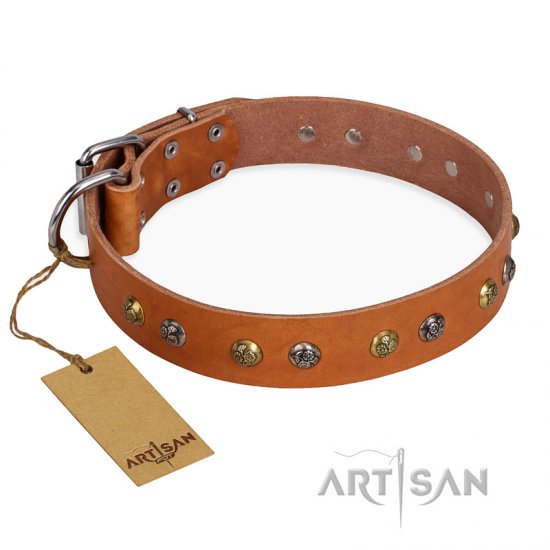 ‘Golden’n’Silver Luxury’ FDT Artisan Leather Dog Collar with Engraved Studs 1 1/2 inch (40 mm) Wide