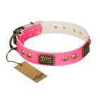 'Vintage and Glamour' FDT Artisan Pink Leather Dog Collar with Old Silver Look Plates and Skulls - 1 1/2 inch (40 mm) wide