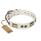 'Golden Avalanche' FDT Artisan White Leather Dog Collar with Old Bronze Look Plates and Circles - 1 1/2 inch (40 mm) wide