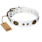 “Magnetic Appeal” FDT Artisan White Leather Dog Collar with Old Bronze Look Decorations - 1 1/2 inch (40 mm) wide