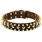3 Rows Leather Dog Collar with Nickel Studs and Brass Spikes