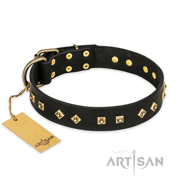Black Leather Dog Collar with Durable Buckle and D-Ring