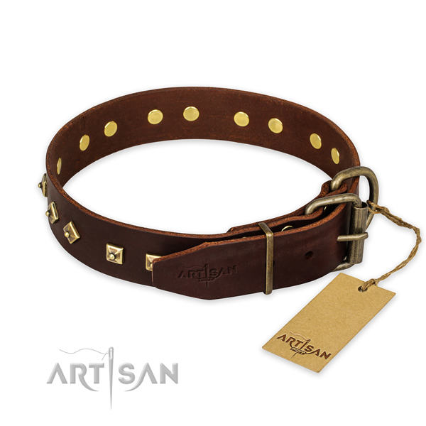 Fancy Brown Leather Dog Collar with Rhombs and Studs