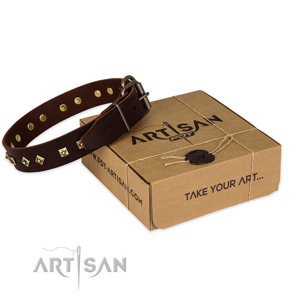Stylish Brown Leather Dog Collar with Old Bronze Plated Decorations