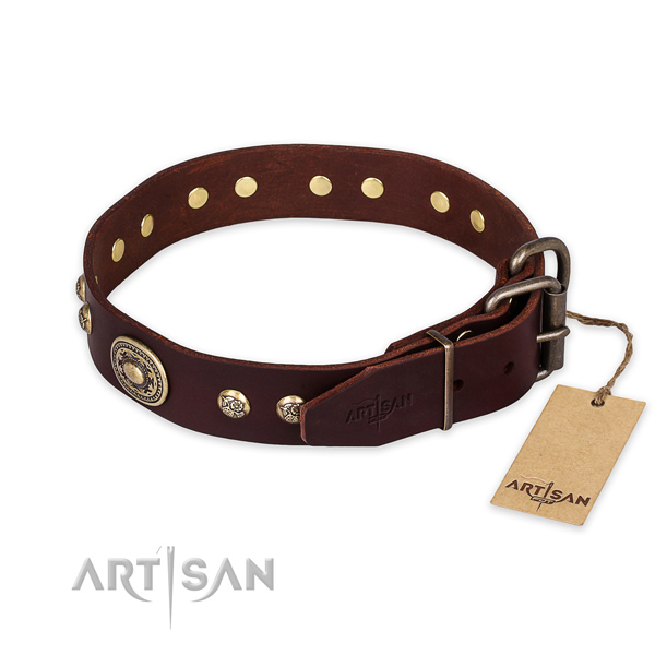 Brown leather dog collar with old bronze-like plated decorations