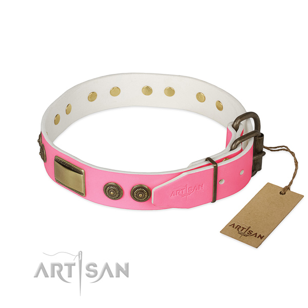 Bronze Look Decorations on Pink Leather Dog Collar