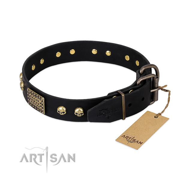 Black Leather Dog Collar with Old Bronze Look Fittings