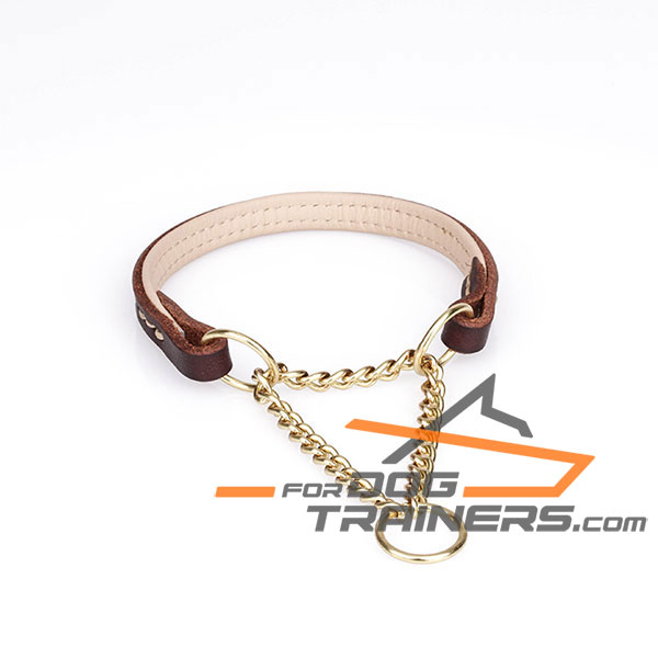 Padded Brown Leather Dog Collar with Brass Chain