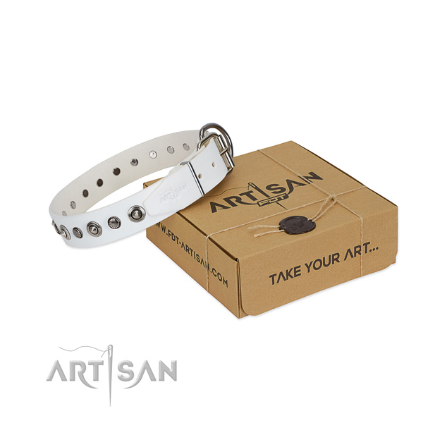 Designer white leather FDT Artisan dog collar