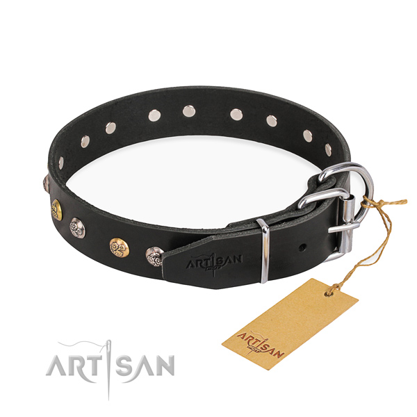 Strong and sturdy black leather dog collar