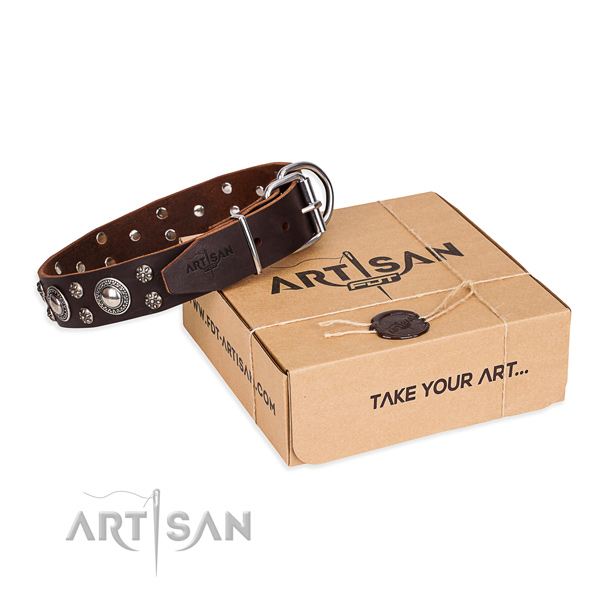 Soft brown dog collar made of genuine leather