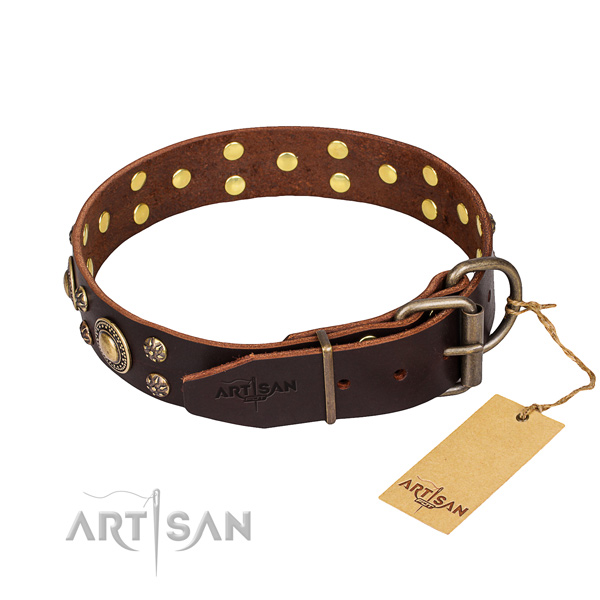Brown leather dog collar with old bronze-like plated fittings