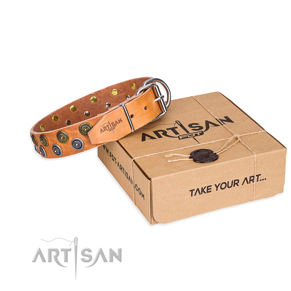 Decorated with fashion studs tan leather dog collar