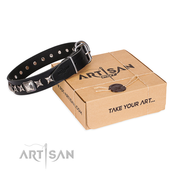 Everyday elegance black leather dog collar with decorations