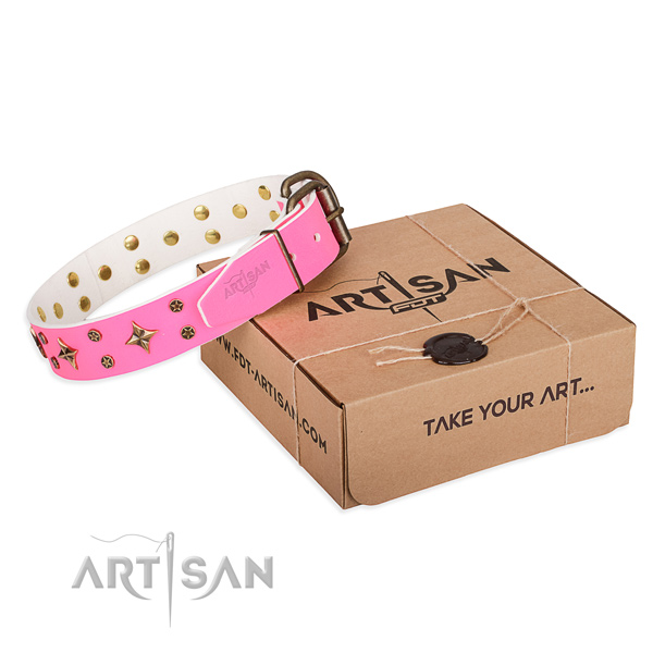 Juicy pink leather dog collar with decorations