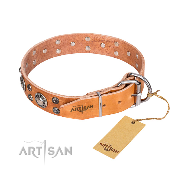 Adorned tan leather dog collar with decorations