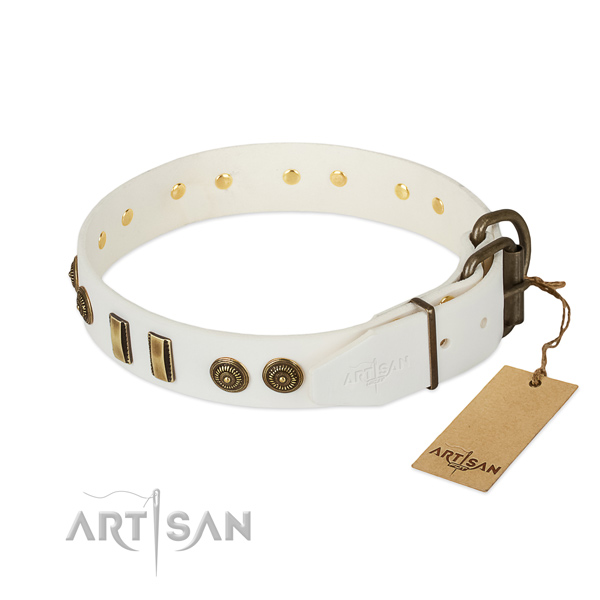 White leather dog collar with strong and reliable buckle