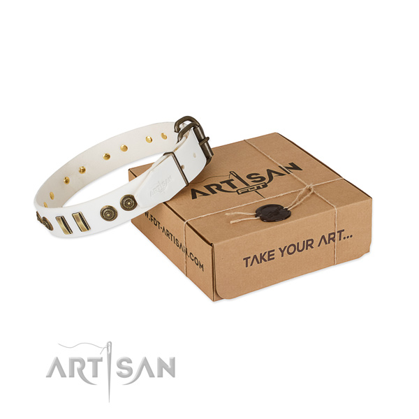Awesome white leather dog collar with decorations