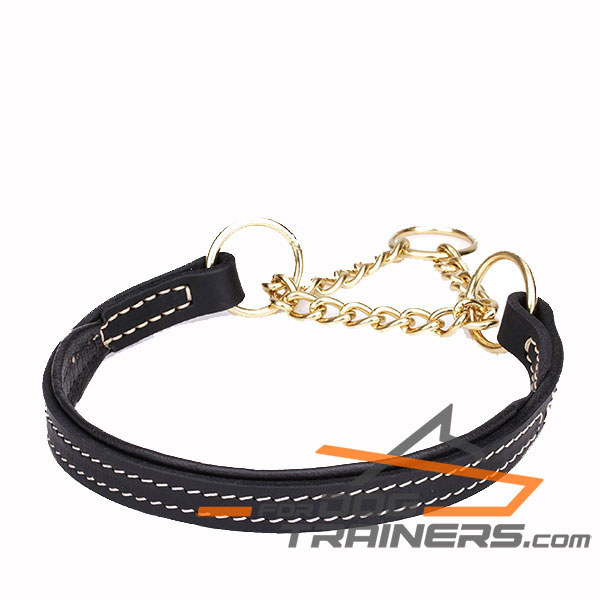 Martingale black leather dog collar with strong chain 