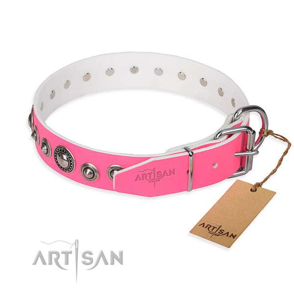Pink leather dog collar with rust-proof buckle and D-ring