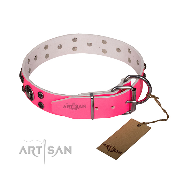 Pink leather dog collar with durable hardware