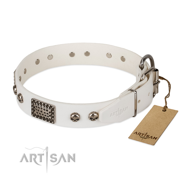 Handcrafted white leather dog collar with decorations