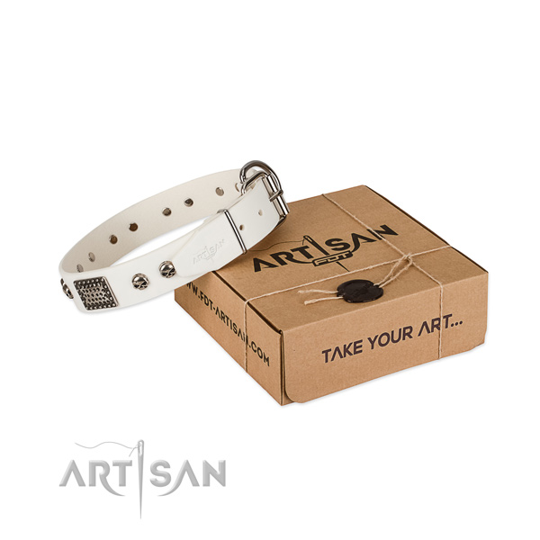 Attractive white leather dog collar