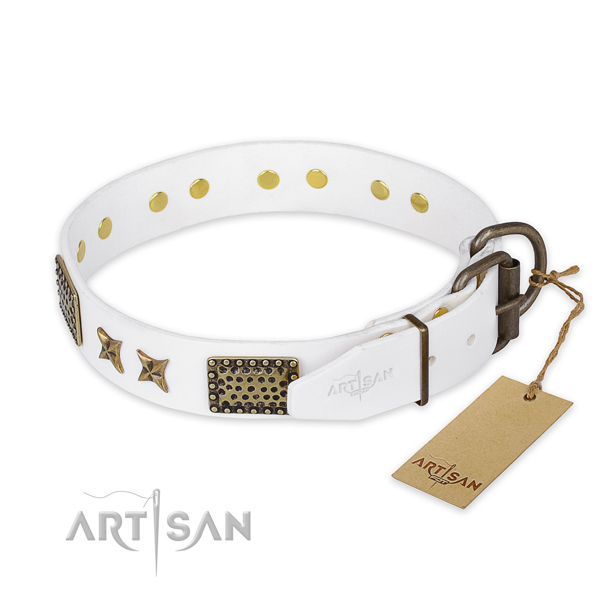 Handcrafted white leather dog collar with stars and plates