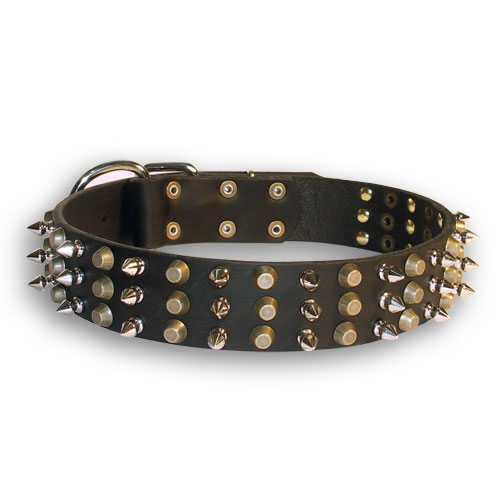 Trendy Leather Dog Collar with Handset Spikes and Cones