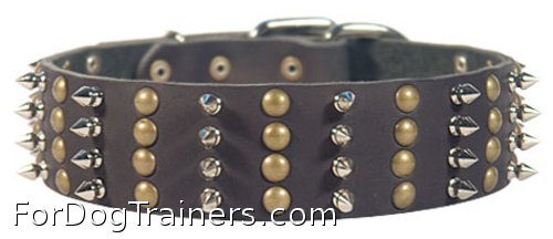 Extra Wide Leather Studded Dog Collar with 4 Columns of Spikes and Half Balls